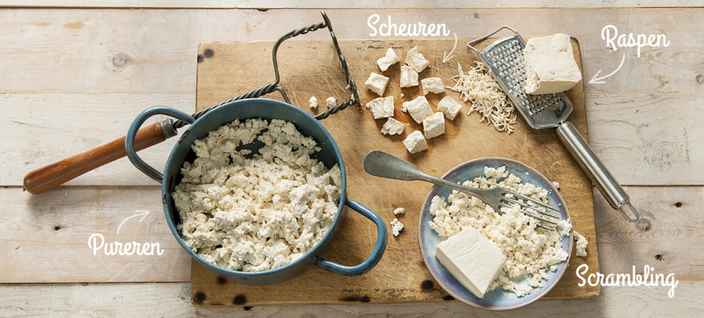 tofu gepureerd, gescrambled, gescheurd en geraspt
