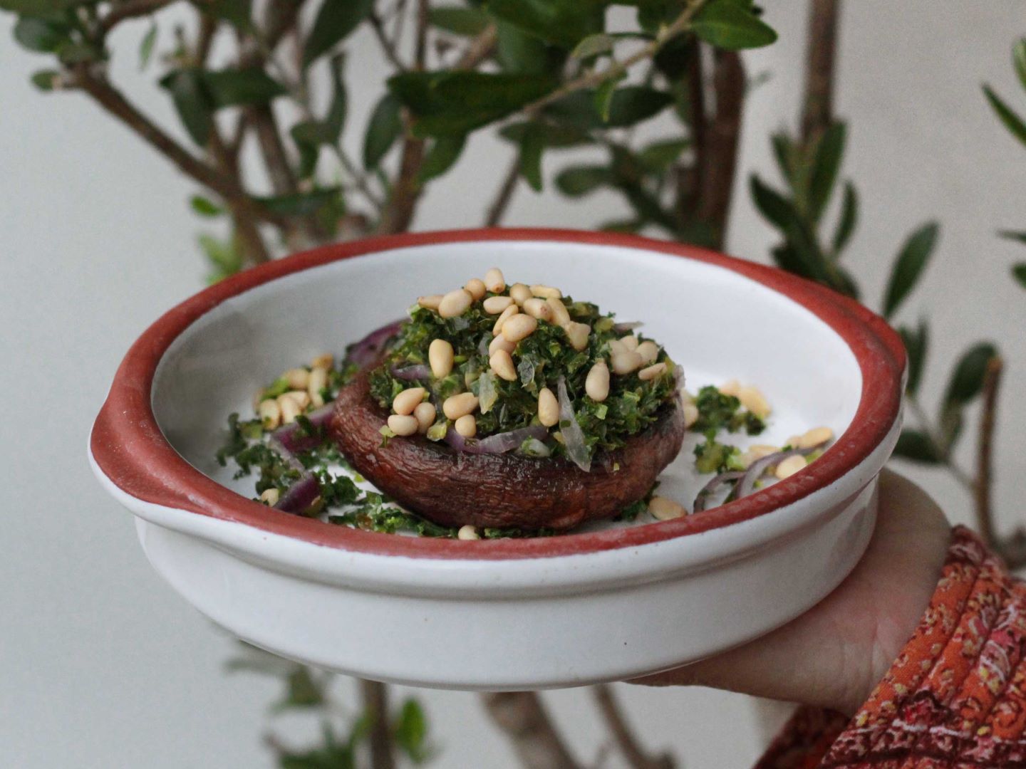 Geroosterde portobello&#8217;s met rode ui en boerenkool